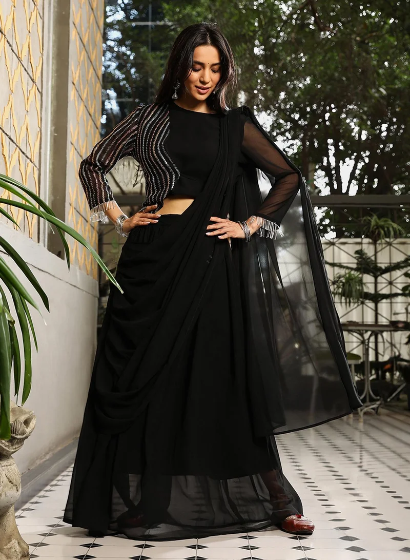  قصة Women's Midnight Black Embellished Lined Pre-Draped Saree For Casual Wear | Crew Neck | Long Sleeve | 3 Piece Pre-Draped Saree Designed With Comfort Fit For Everyday Ethnic Wear